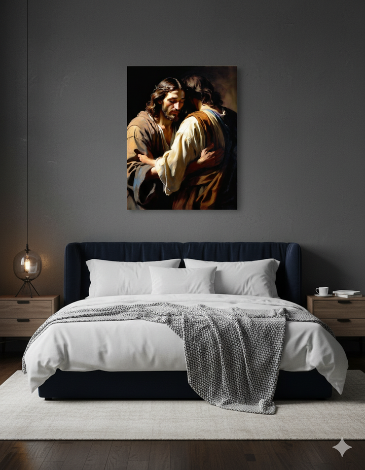 The Comforting Embrace - Emotional Religious Matte Canvas Print - Spiritual Embrace Artwork