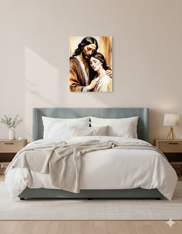 Peace in His Arms | Jesus Embrace Canvas – Inspirational Christian Wall Art for Home or Gift