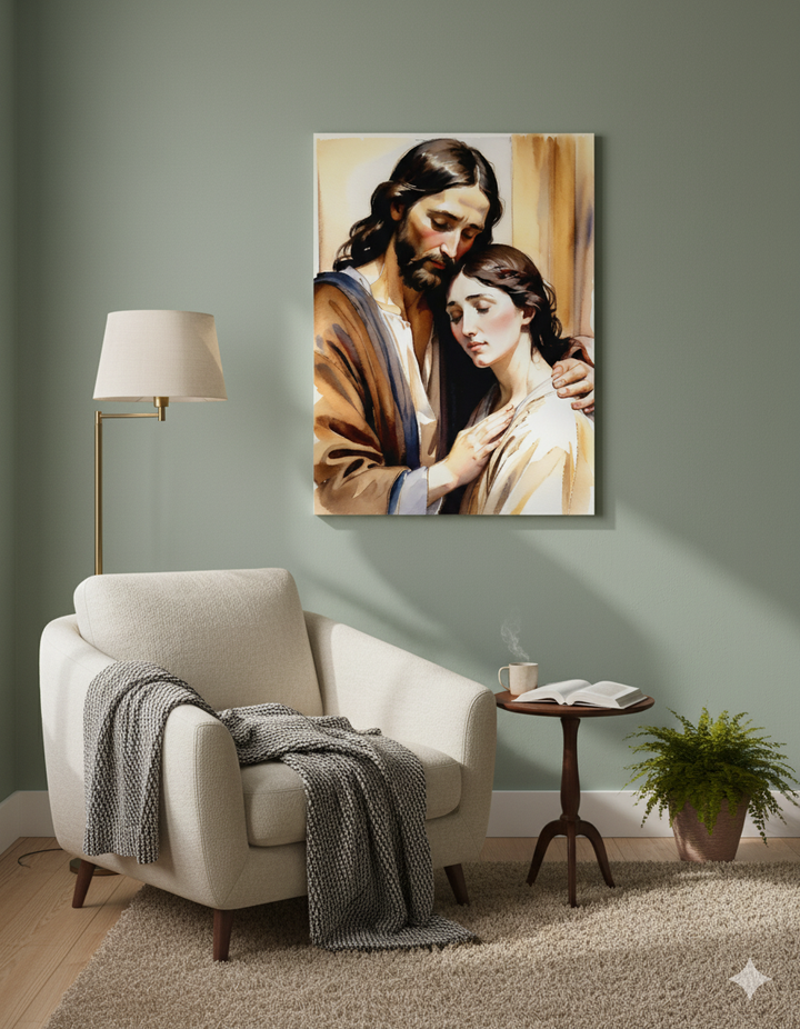 Peace in His Arms | Jesus Embrace Canvas – Inspirational Christian Wall Art for Home or Gift