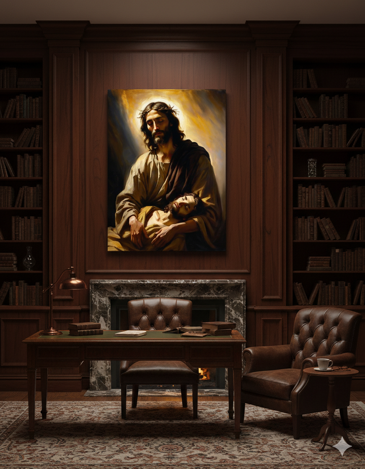 In the Arms of Christ | Peaceful Religious Art Canvas – Christian Wall Décor for Home or Church