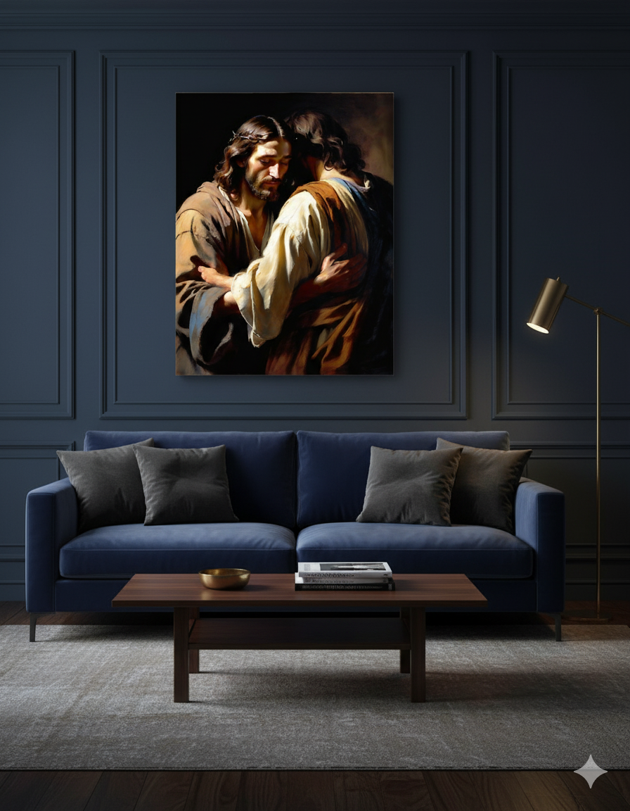 The Comforting Embrace - Emotional Religious Matte Canvas Print - Spiritual Embrace Artwork