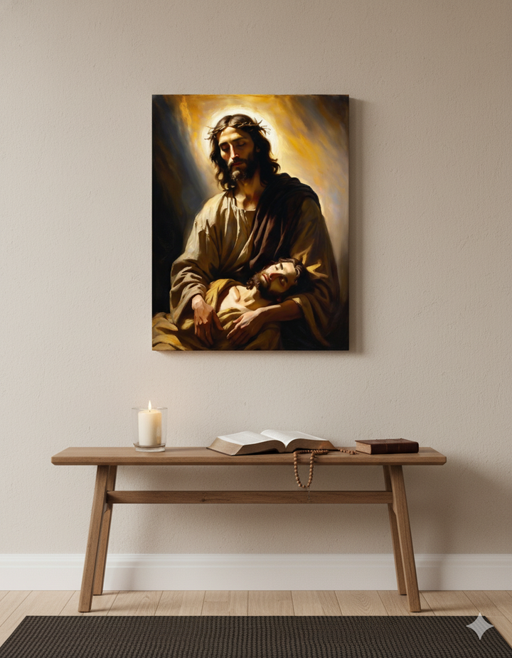 In the Arms of Christ | Peaceful Religious Art Canvas – Christian Wall Décor for Home or Church