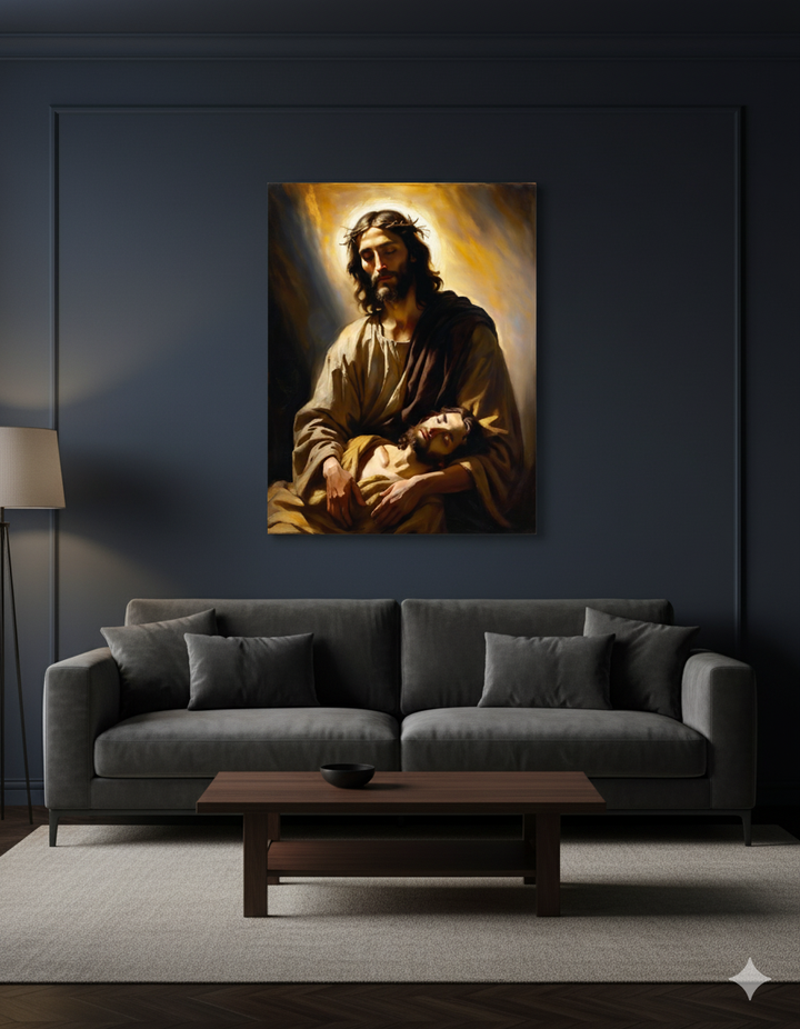 In the Arms of Christ | Peaceful Religious Art Canvas – Christian Wall Décor for Home or Church
