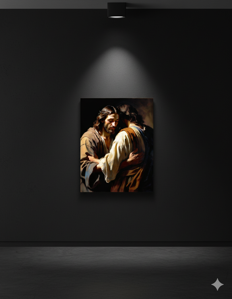 The Comforting Embrace - Emotional Religious Matte Canvas Print - Spiritual Embrace Artwork