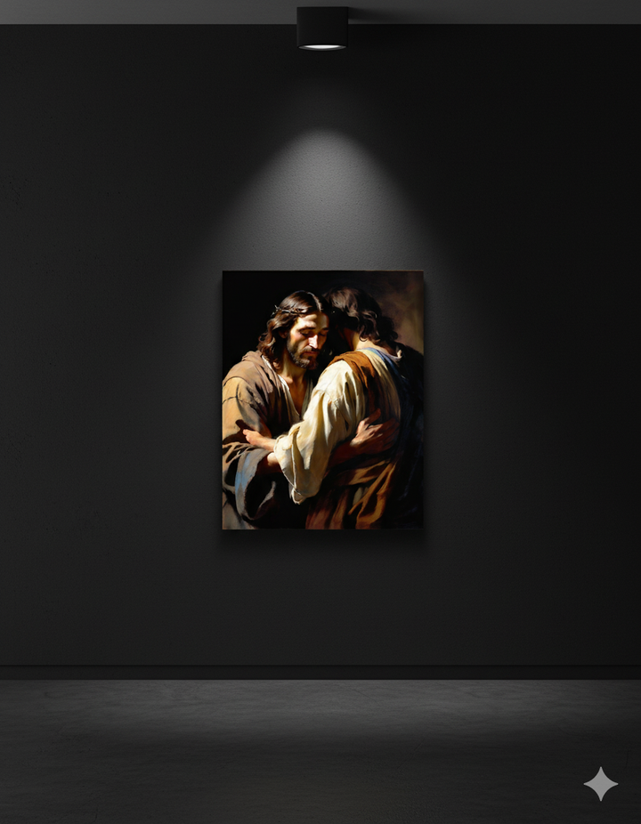 The Comforting Embrace - Emotional Religious Matte Canvas Print - Spiritual Embrace Artwork