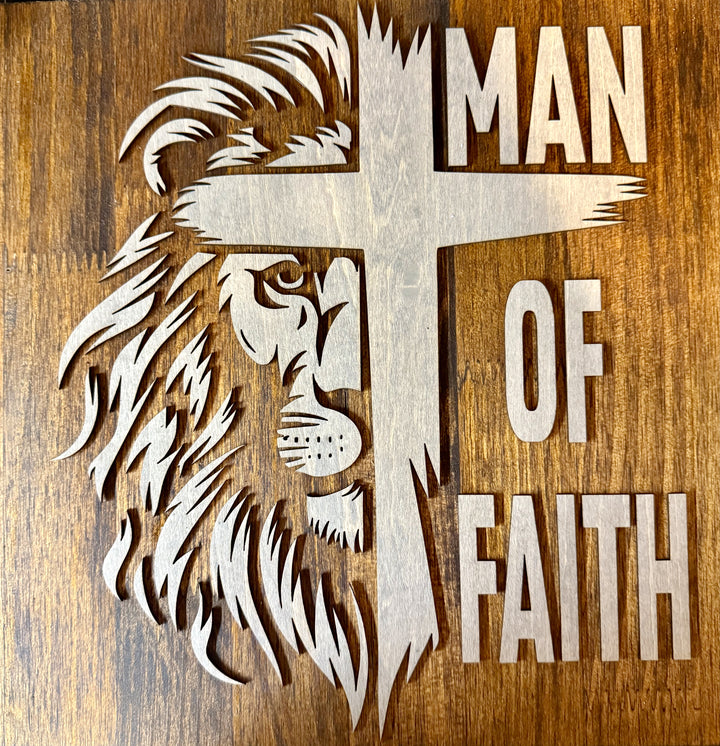 Man of Faith Lion & Cross Layered Wood Wall Art – 12x12 | Christian Home Decor for Men