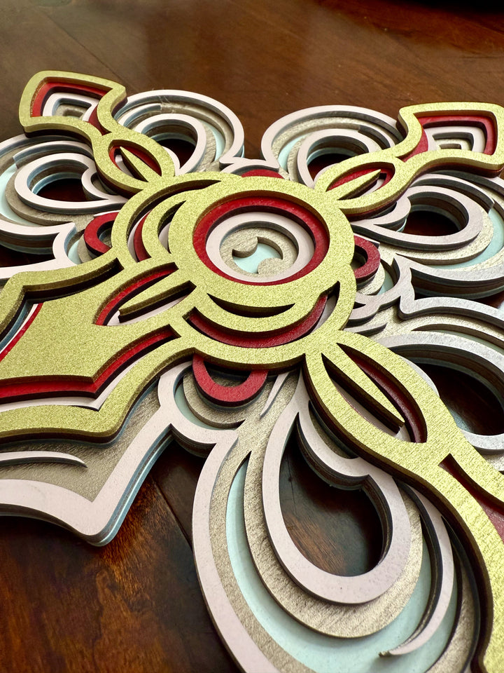Ornate Multilayer Cross - Handcrafted Christian Wood Wall Art | Religious Home Decor