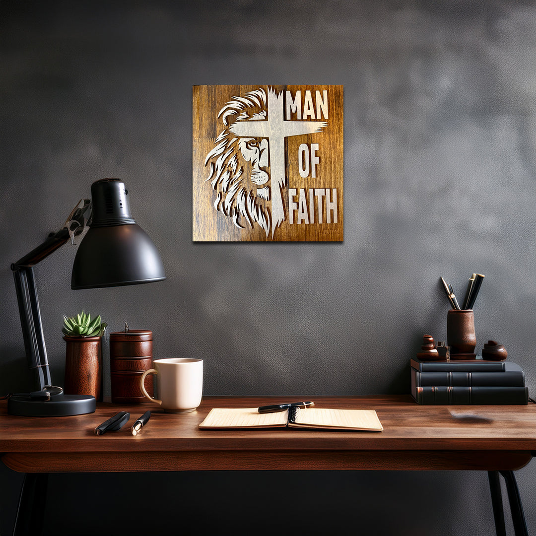 Man of Faith Lion & Cross Layered Wood Wall Art – 12x12 | Christian Home Decor for Men