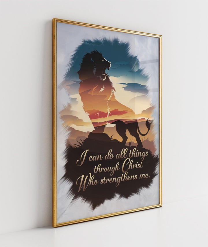 Faith-Inspired Lion Art Print - Philippians 4:13 Scripture Digital Download for Home Decor & Gifts