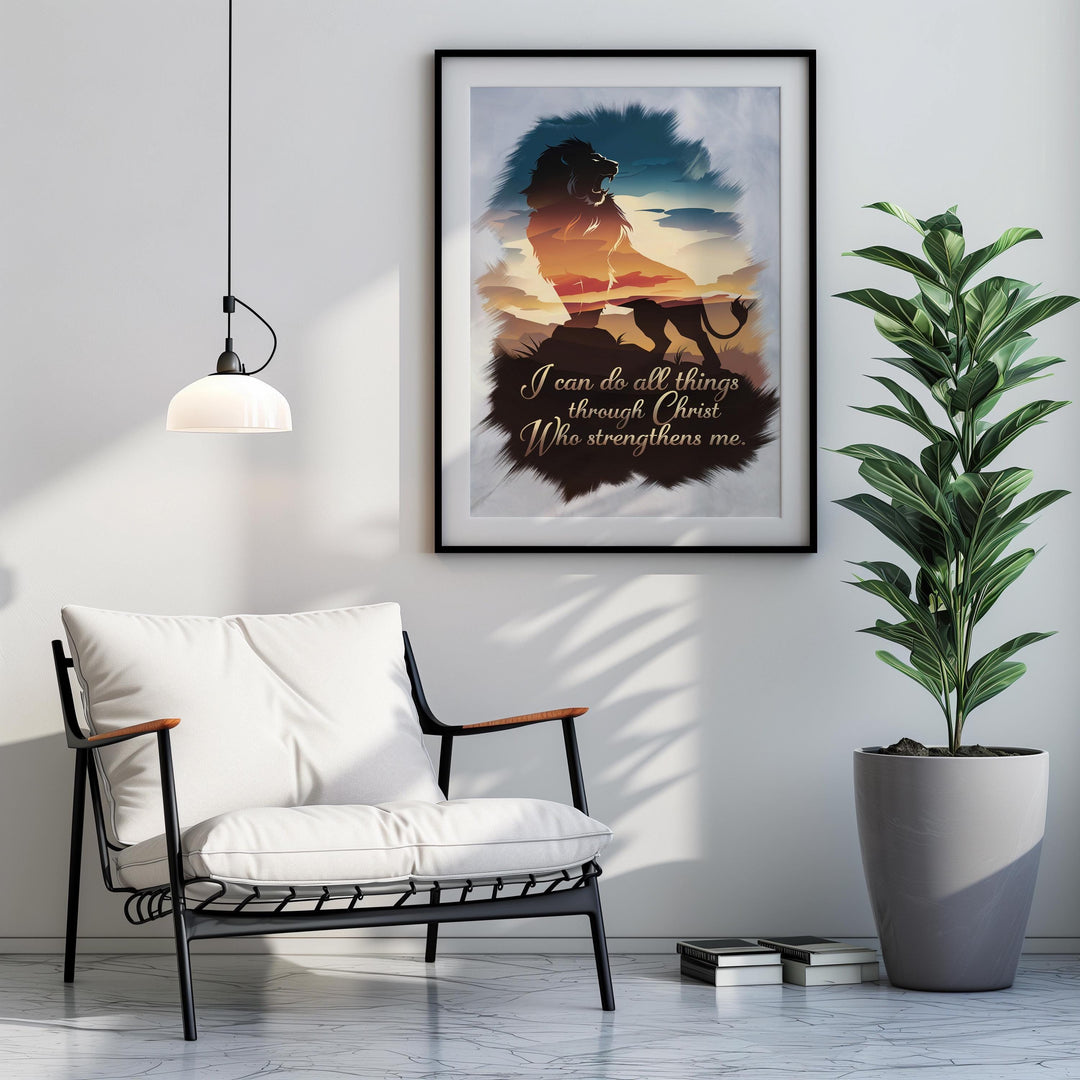 Faith-Inspired Lion Art Print - Philippians 4:13 Scripture Digital Download for Home Decor & Gifts