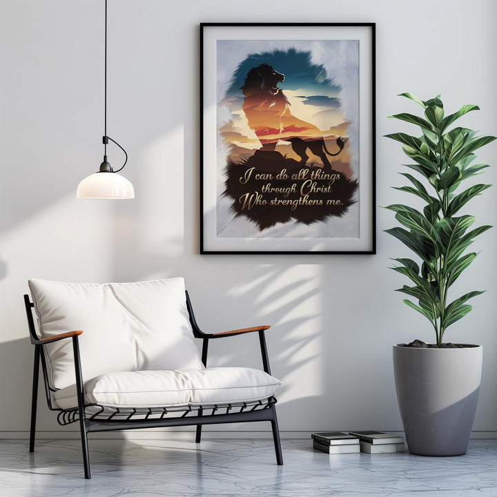 Faith-Inspired Lion Art Print - Philippians 4:13 Scripture Digital Download for Home Decor & Gifts