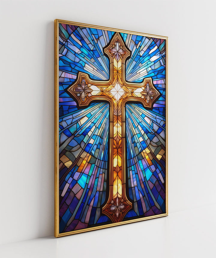 Stained Glass Cross Wall Art – Christian Symbol Digital Print | Religious Easter Decor