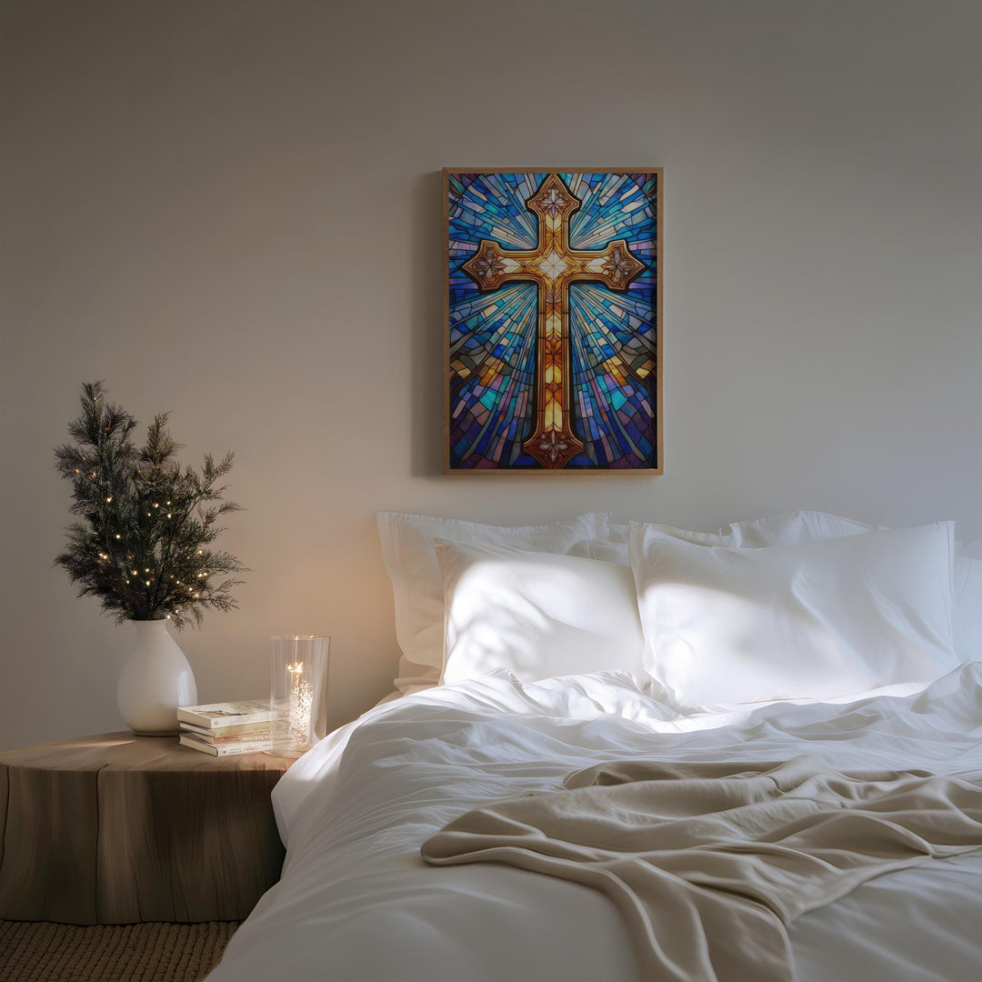 Stained Glass Cross Wall Art – Christian Symbol Digital Print | Religious Easter Decor