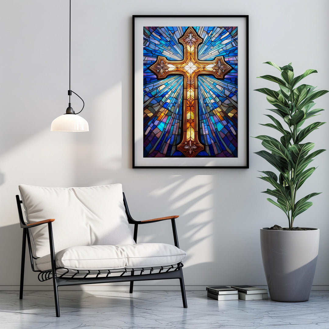 Stained Glass Cross Wall Art – Christian Symbol Digital Print | Religious Easter Decor