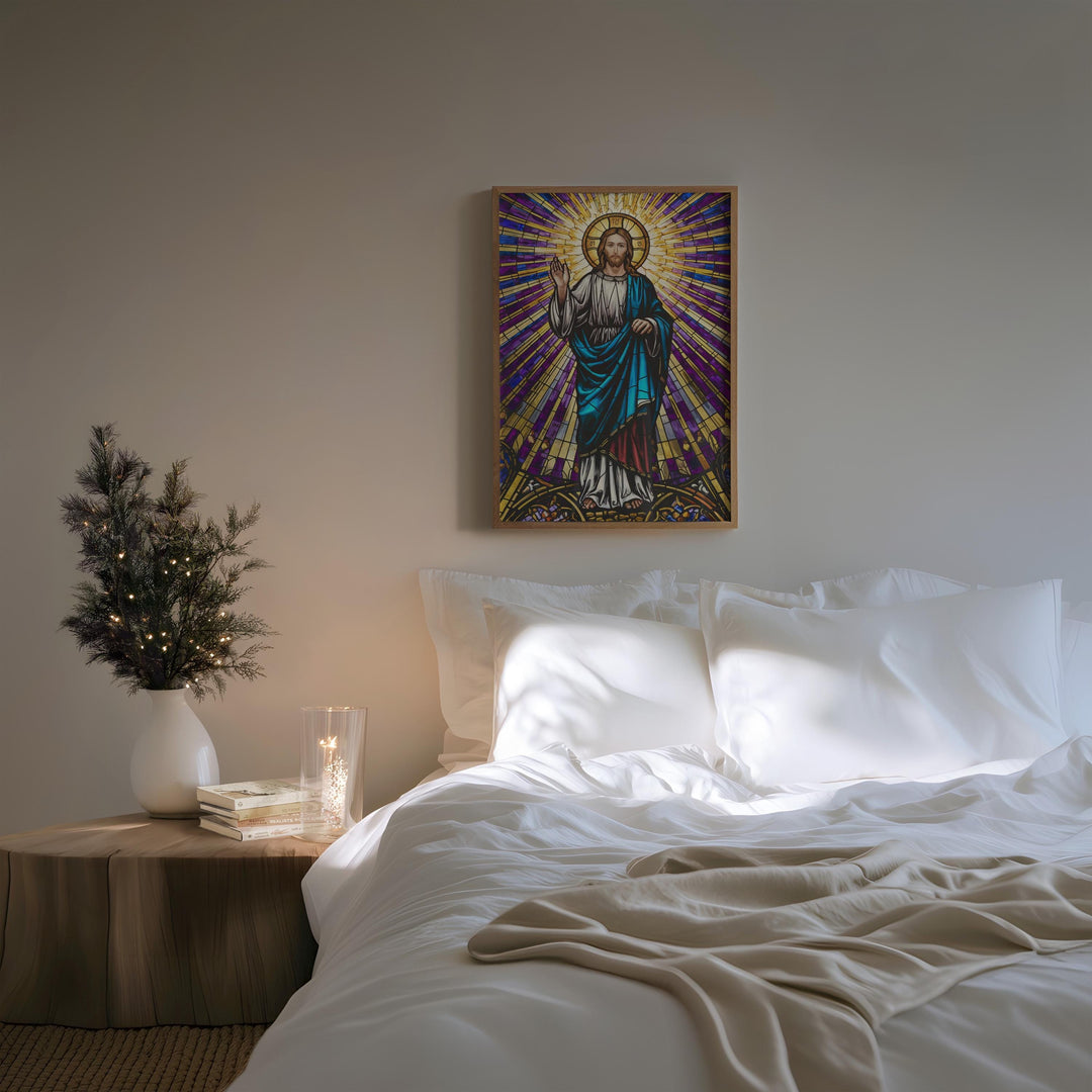 Ethereal Stained Glass Jesus Art: Divine Radiance Print - Religious Home Decor Digital Download