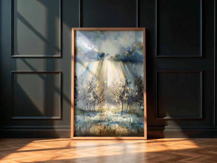 Hopeful Watercolor Painting: Faithful Through the Storm - Peaceful landscape with light breaking through clouds, symbol of hope