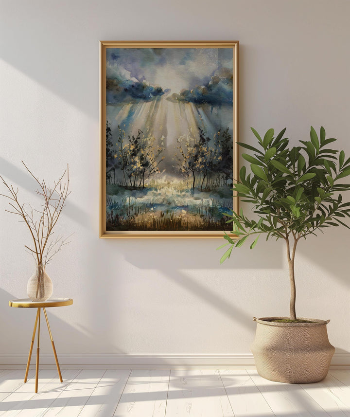 Hopeful Watercolor Painting: Faithful Through the Storm - Peaceful landscape with light breaking through clouds, symbol of hope