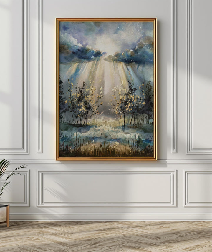 Hopeful Watercolor Painting: Faithful Through the Storm - Peaceful landscape with light breaking through clouds, symbol of hope