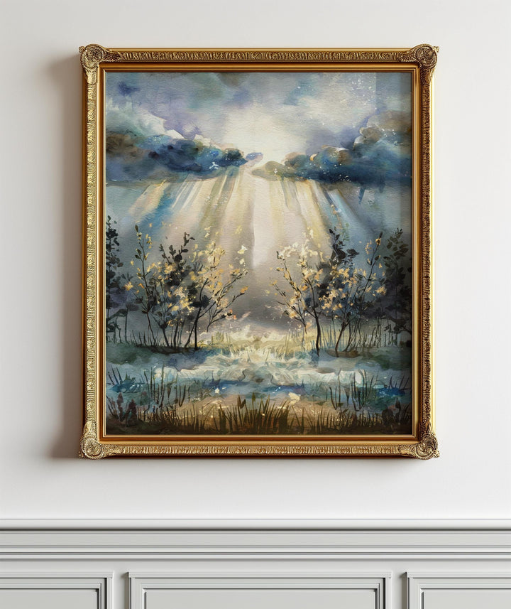 Hopeful Watercolor Painting: Faithful Through the Storm - Peaceful landscape with light breaking through clouds, symbol of hope