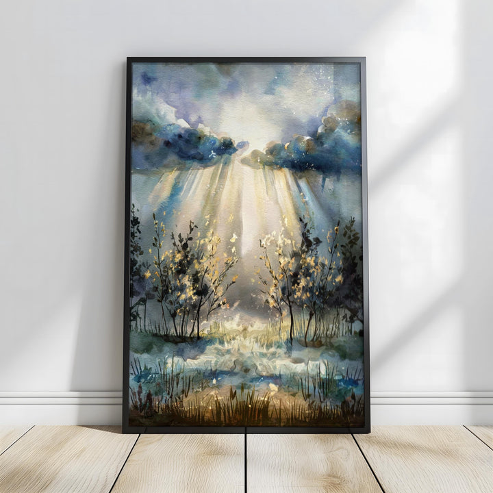 Hopeful Watercolor Painting: Faithful Through the Storm - Peaceful landscape with light breaking through clouds, symbol of hope