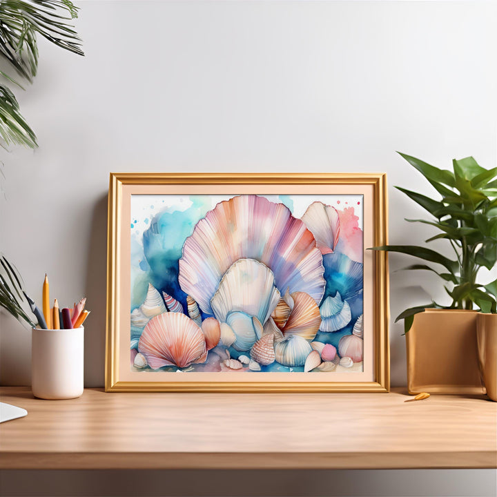 Coastal Harmony – Watercolor Seashell Wall Art | Beach-Inspired Digital Print