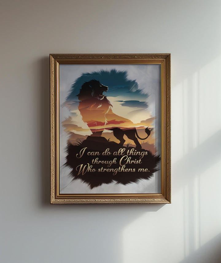Faith-Inspired Lion Art Print - Philippians 4:13 Scripture Digital Download for Home Decor & Gifts
