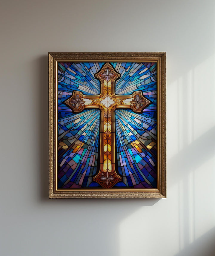 Stained Glass Cross Wall Art – Christian Symbol Digital Print | Religious Easter Decor