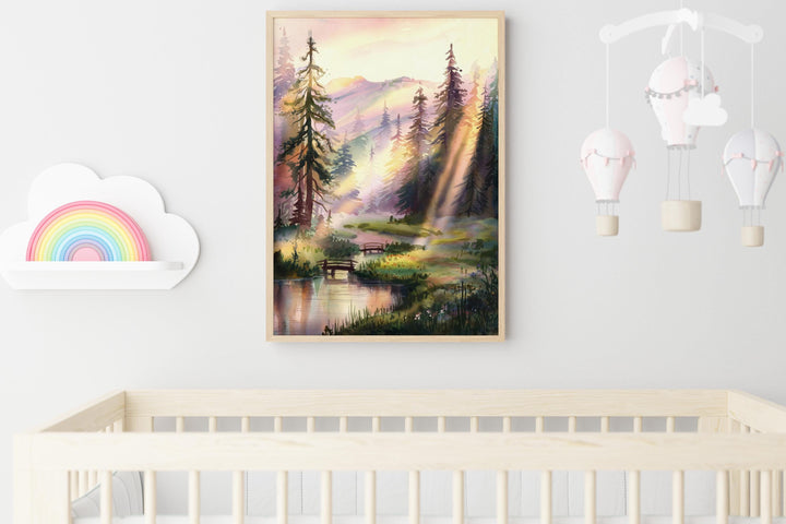 Serene Pine Forest Watercolor: Sunlit Landscape Print, Peaceful Nature Wall Art Digital Download