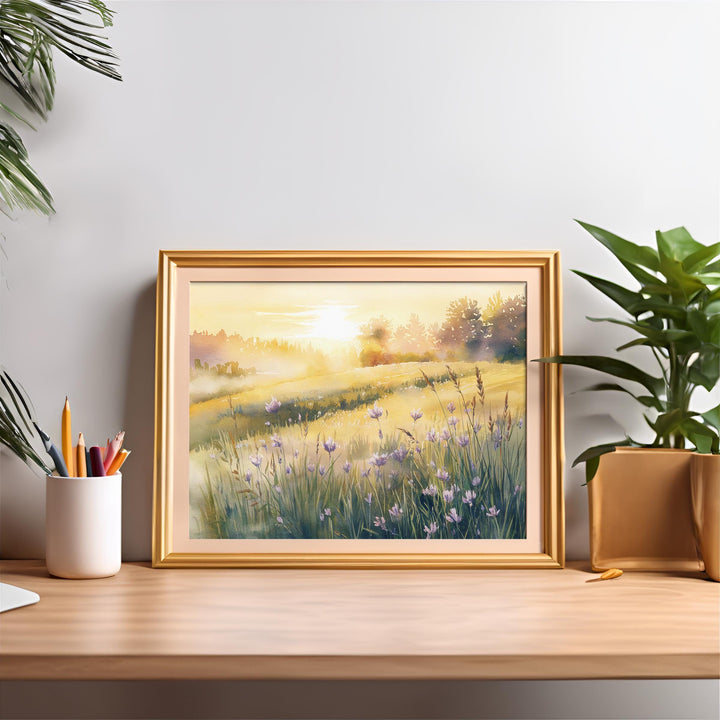 Sunrise Meadow Watercolor Painting - Peaceful Landscape Art Inspired by Lamentations 3:22