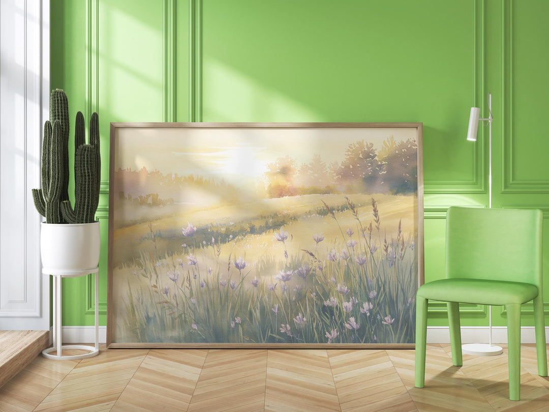 Sunrise Meadow Watercolor Painting - Peaceful Landscape Art Inspired by Lamentations 3:22
