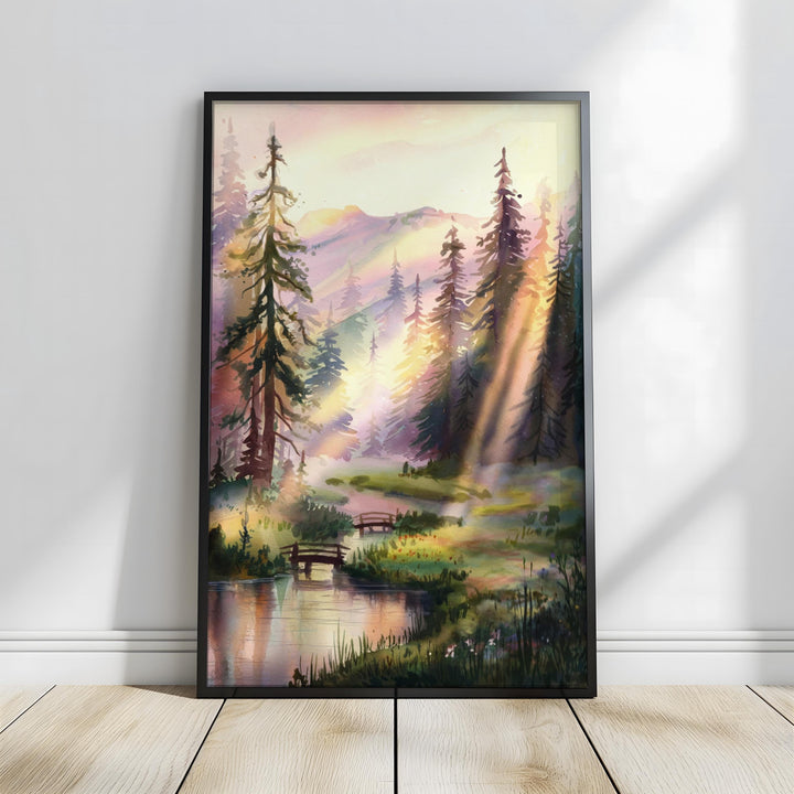 Serene Pine Forest Watercolor: Sunlit Landscape Print, Peaceful Nature Wall Art Digital Download