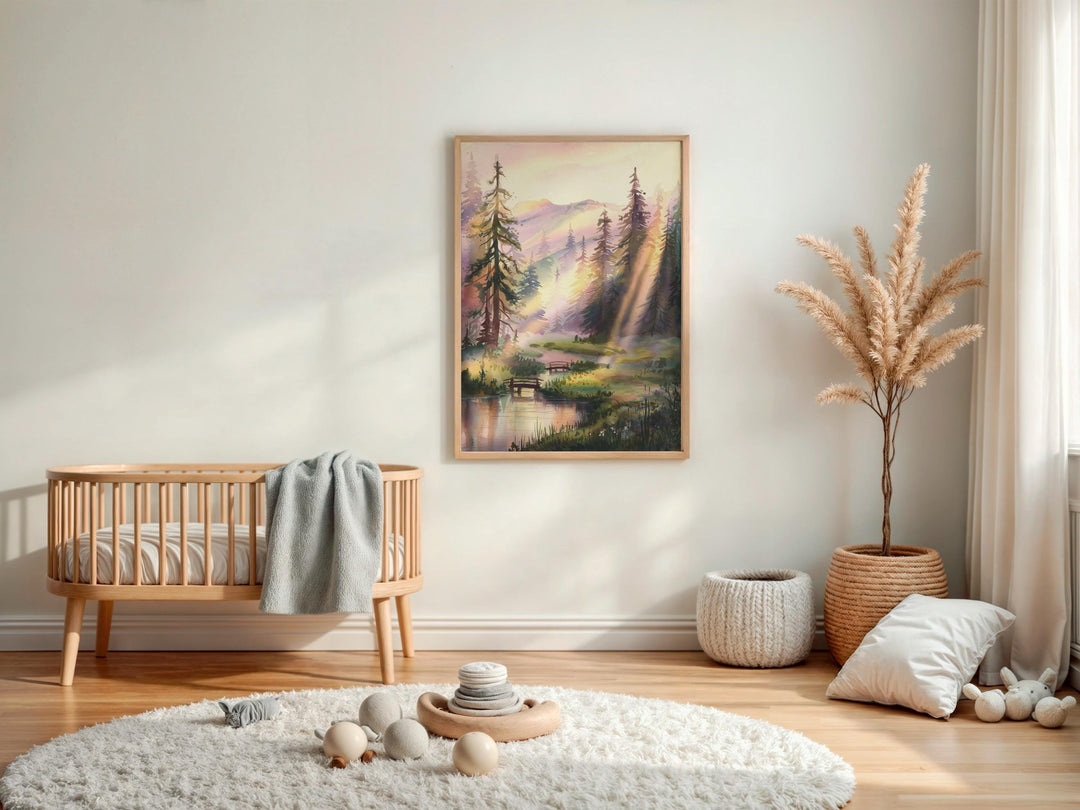 Serene Pine Forest Watercolor: Sunlit Landscape Print, Peaceful Nature Wall Art Digital Download
