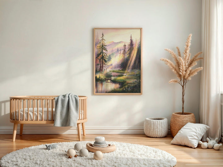 Serene Pine Forest Watercolor: Sunlit Landscape Print, Peaceful Nature Wall Art Digital Download