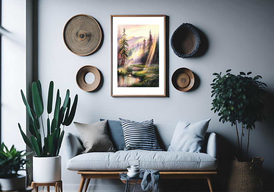 Serene Pine Forest Watercolor: Sunlit Landscape Print, Peaceful Nature Wall Art Digital Download