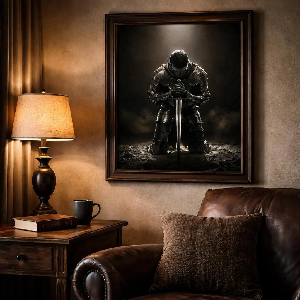 The Warrior Prayer Wall Art, Christian Knight Art Print, Masculine Faith Decor, Spiritual Warfare Artwork, Bible Inspired Digital Download