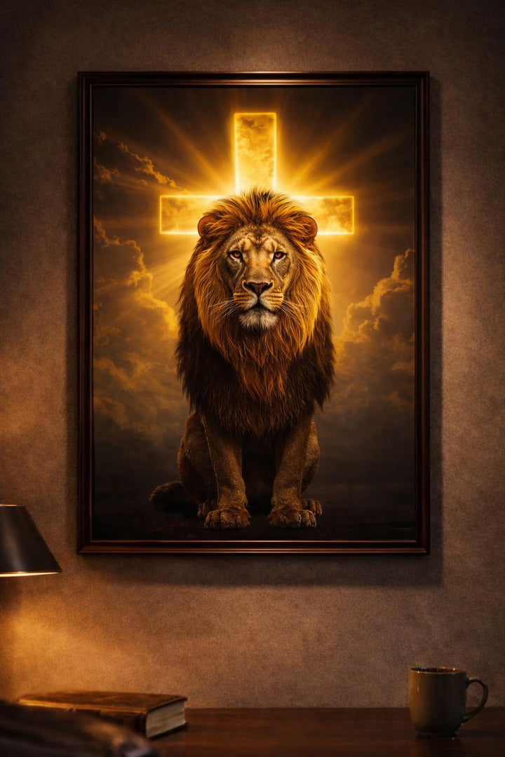 Lion of Judah Christian wall art with glowing cross, dramatic golden light, and dark cloud background