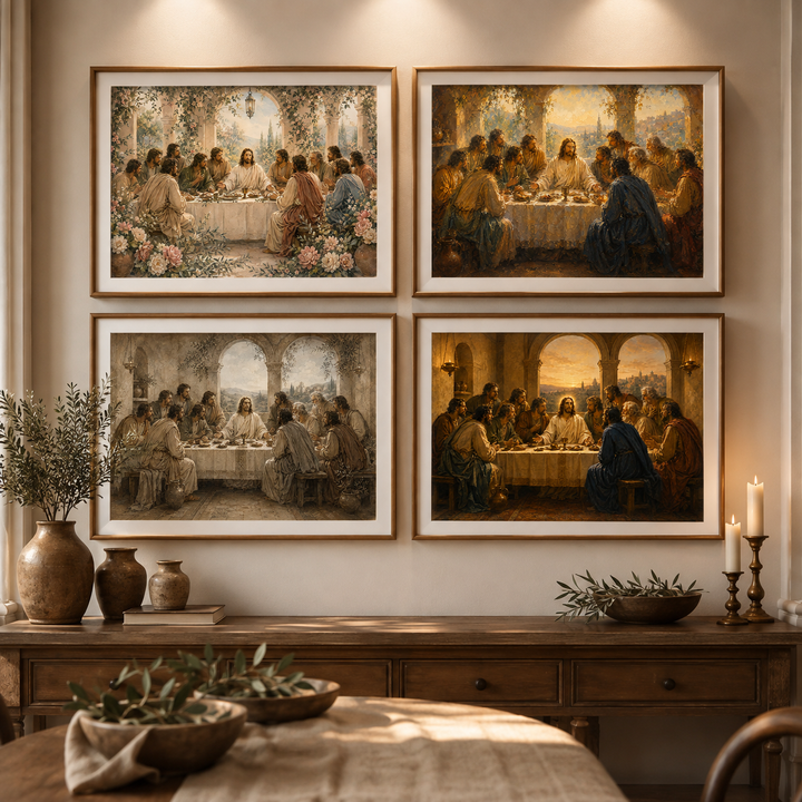 Four-piece Last Supper digital wall art bundle displayed in a warm gallery wall dining nook