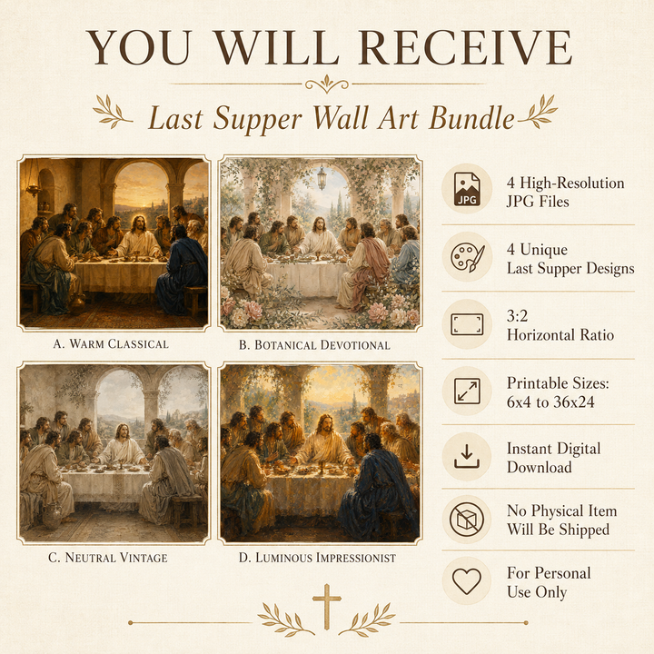 What you receive with the four-piece Last Supper digital wall art bundle