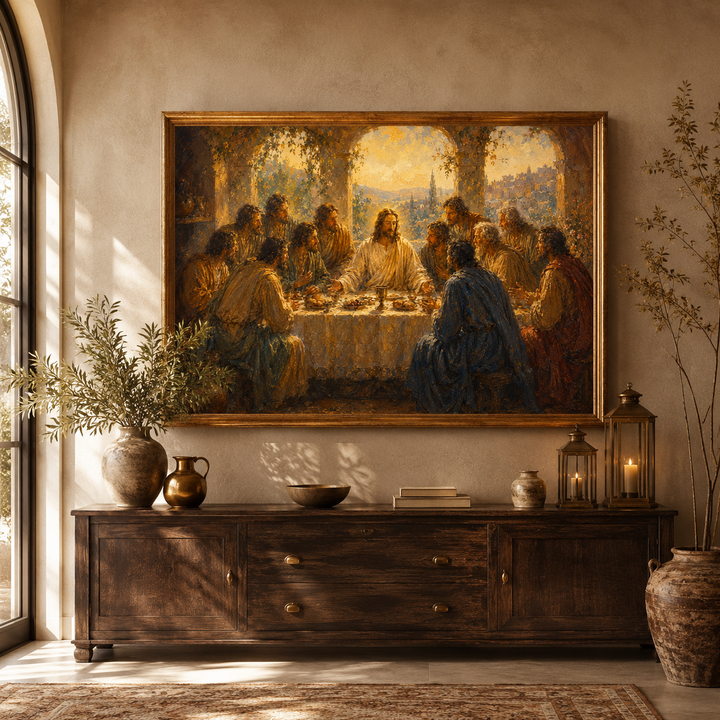 Luminous Impressionist Last Supper printable art displayed above a dark wood console