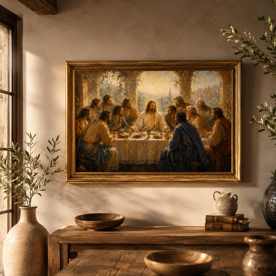 Luminous Impressionist Last Supper wall art displayed in a warm rustic interior