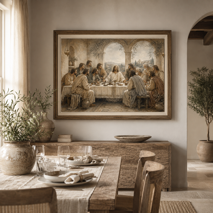 Neutral Vintage Last Supper printable wall art displayed in a sunlit rustic dining room