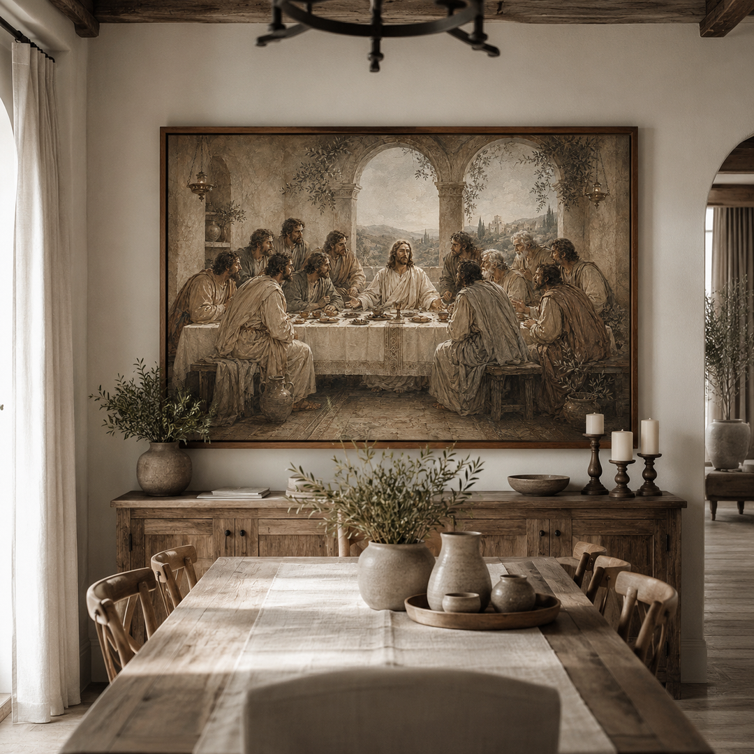 Neutral Vintage Last Supper printable art displayed in a modern farmhouse dining room