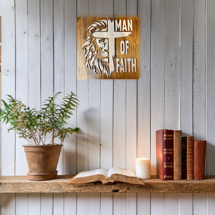Man of Faith Lion & Cross Layered Wood Wall Art – 12x12 | Christian Home Decor for Men