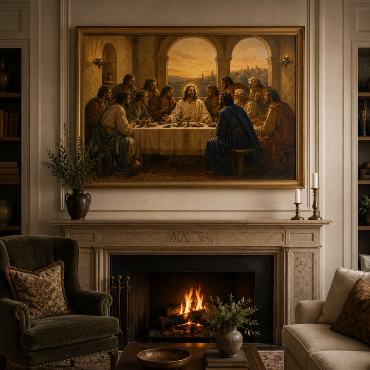 Warm Classical Last Supper digital wall art displayed above a traditional fireplace